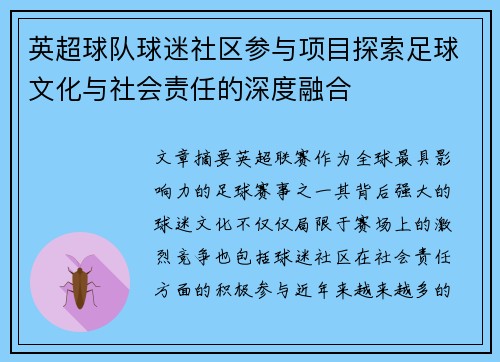英超球队球迷社区参与项目探索足球文化与社会责任的深度融合