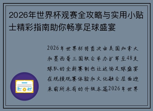 2026年世界杯观赛全攻略与实用小贴士精彩指南助你畅享足球盛宴