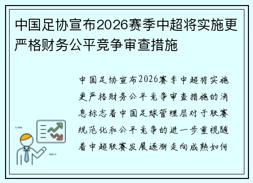 中国足协宣布2026赛季中超将实施更严格财务公平竞争审查措施